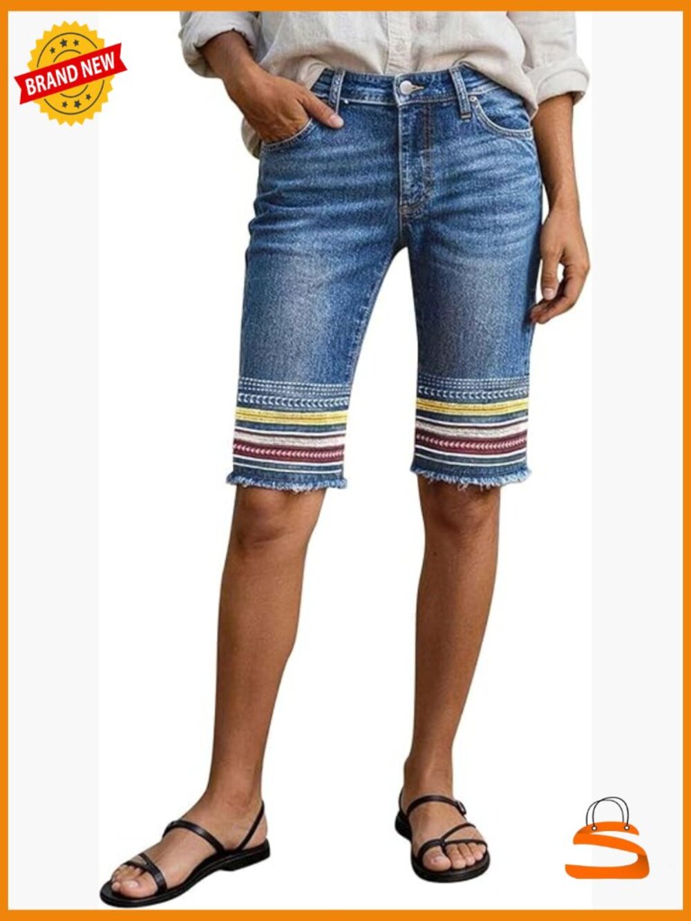 Bermuda Denim Shorts with Embroidery and Raw Hem Stretchy Fit